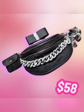 Bum Bag Bundle Deal | Black Vegan Suede Crossbody +  Acrylic Chain & Bunny